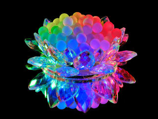 A dramatic fine art light painting photograph on a black reflective background featuring an ornate crystal lotus flower bowl with large faceted crystal petals