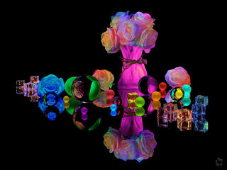 A fine art light painting photograph on a black reflective surface featuring a vivid pink glowing hourglass-shaped vase tied with a bow and topped
