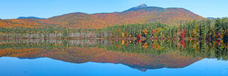 A wide panoramic view of a majestic New England White Mountains peak completely covered in peak autumn foliage of vivid red, orange, yellow, and green, perfectl